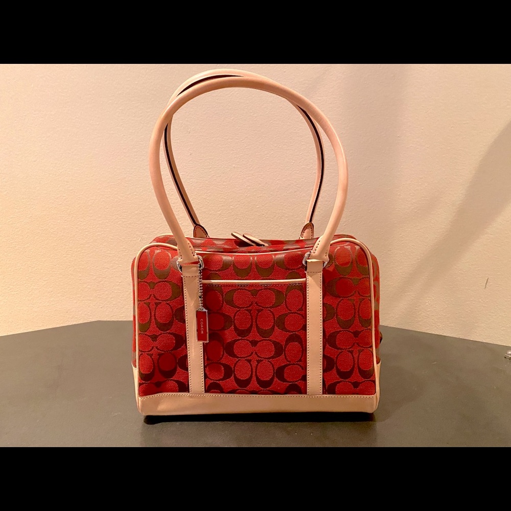 Coach Red Signature Canvas Shoulder Bag with Cream Trim